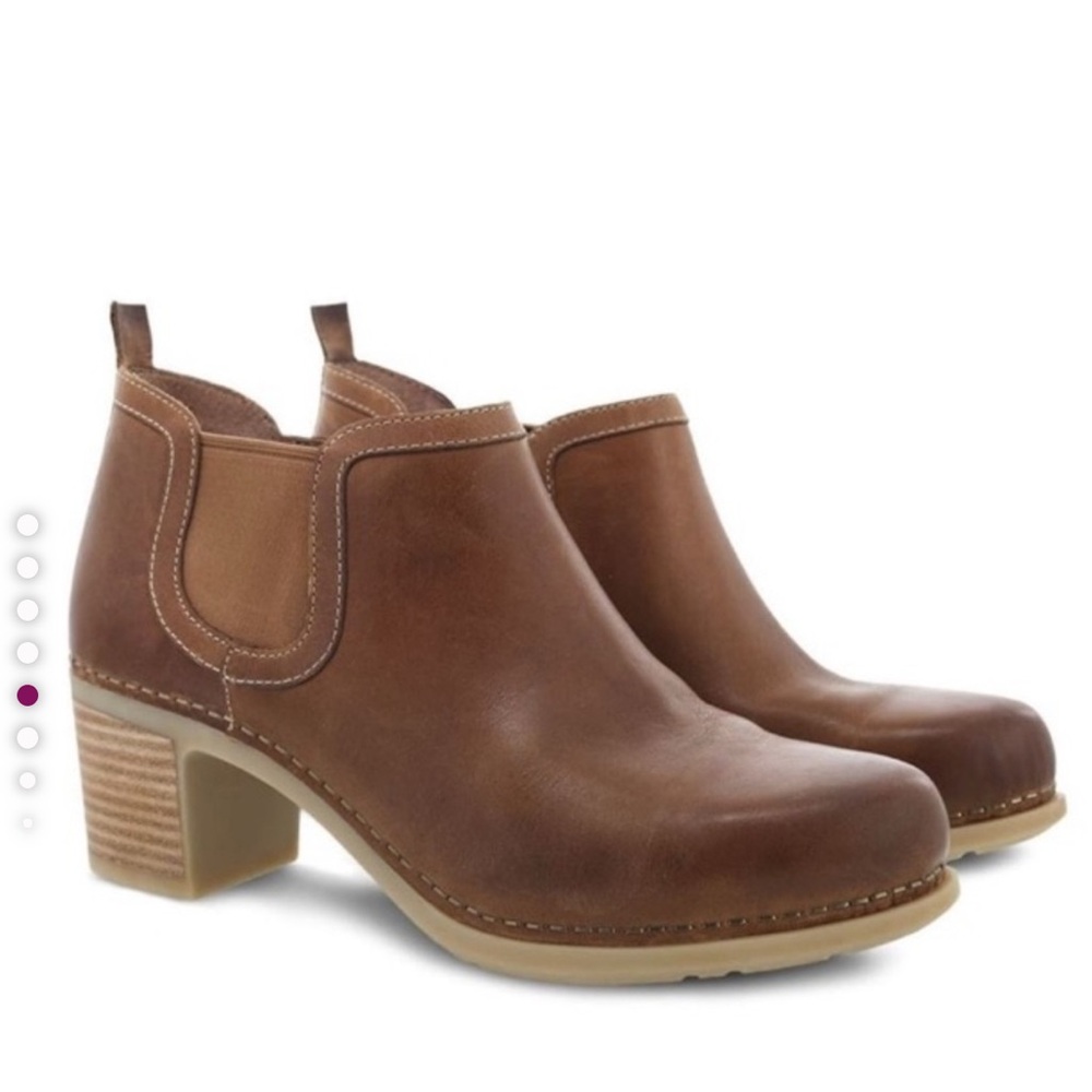 Dansko Brown Leather Mules with Wooden-Look Heel